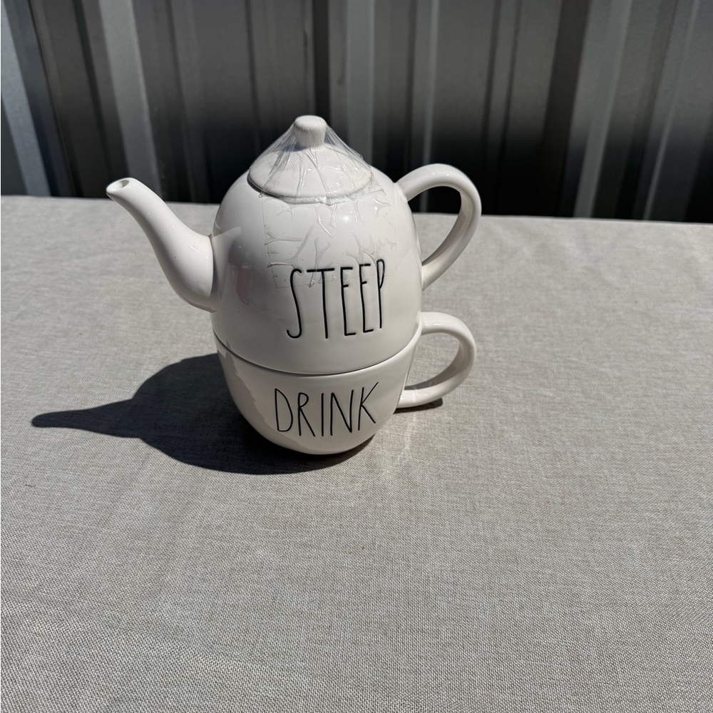 HTF Rae Dunn "STEEP" "DRINK" Unique Ceramic Teapot & Mug Stackable Set EUC Rare - Picture 2 of 2